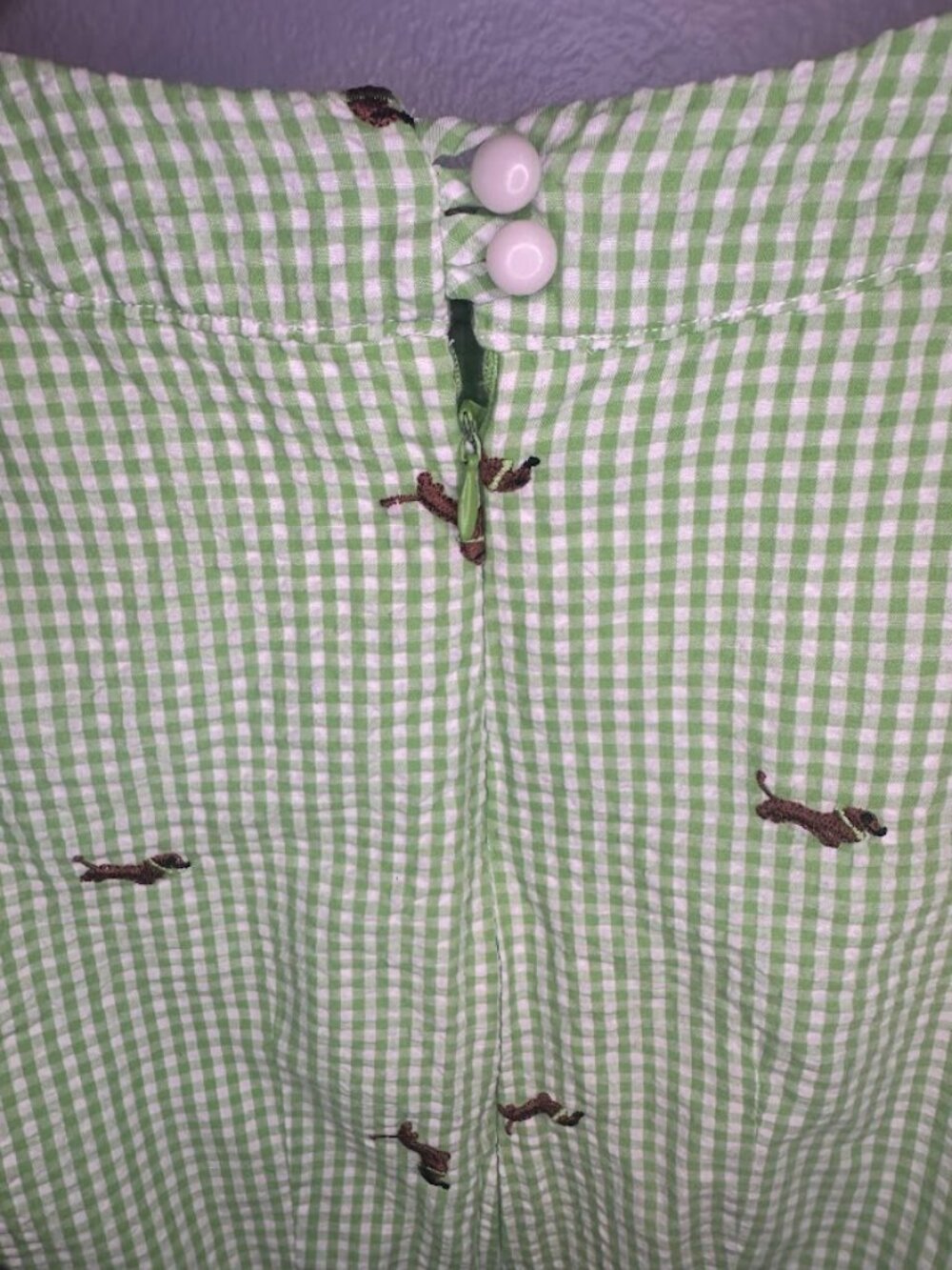 Dachshund Print Green and White Gingham Seersucker Preppy Mini Dress - XS - Picture 4 of 7